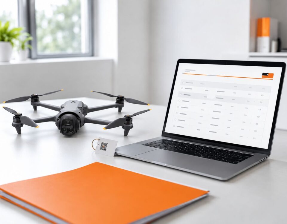 Dron DJI Mavic 4 Pro de cuatro brazos junto a un portátil, ilustración sobre los trámites de registro UAS en AESA