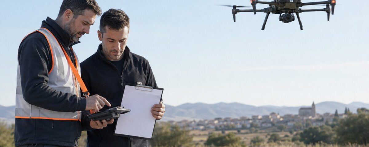 Instructor y alumno durante una formación práctica STS con un dron profesional y equipamiento de seguridad