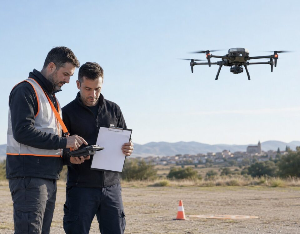 Instructor y alumno durante una formación práctica STS con un dron profesional y equipamiento de seguridad