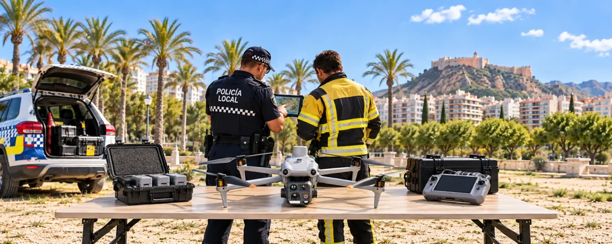 Agente de Policía Local y bombero revisan un dron multirrotor y el equipo operativo sobre una mesa.