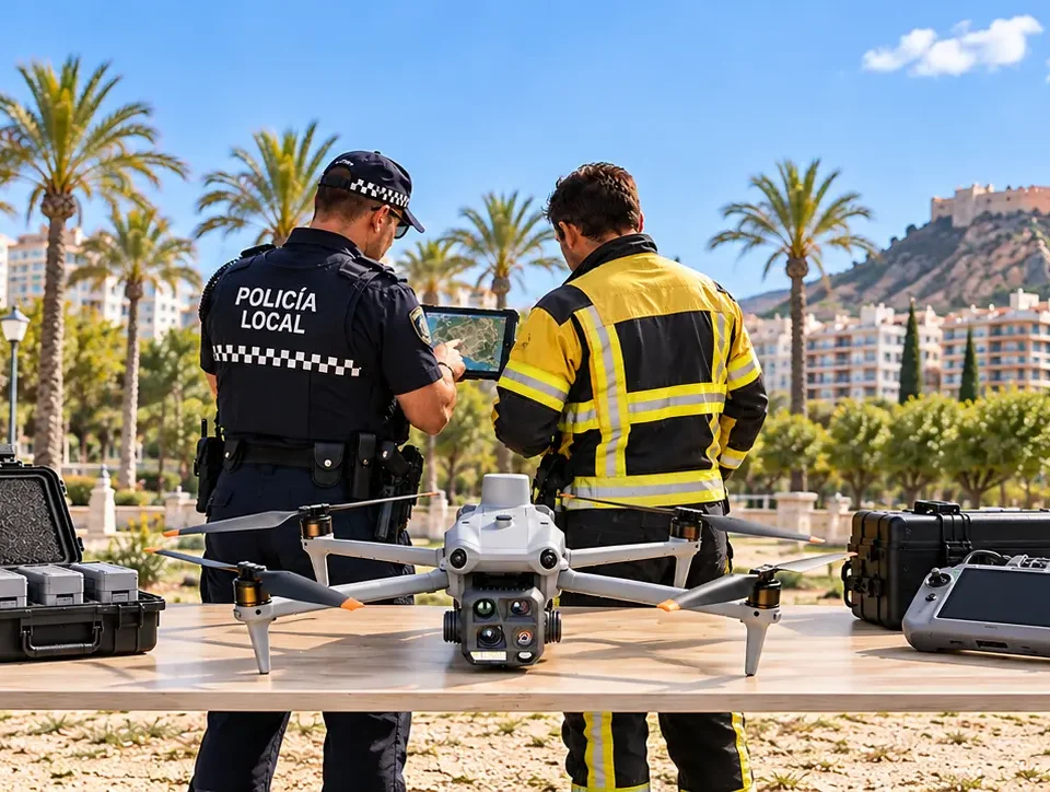 Agente de Policía Local y bombero revisan un dron multirrotor y el equipo operativo sobre una mesa.