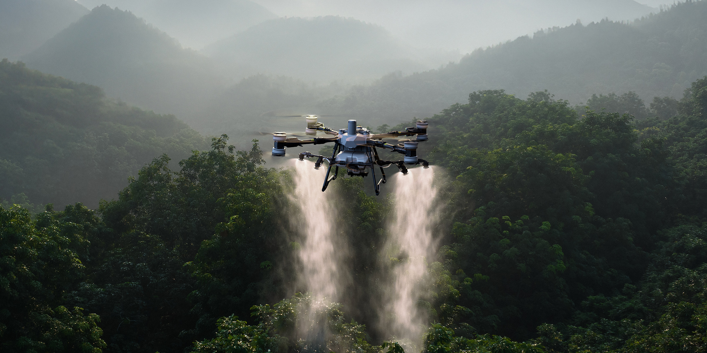 DJI AGRAS T100 pulverizando un cultivo de frutales