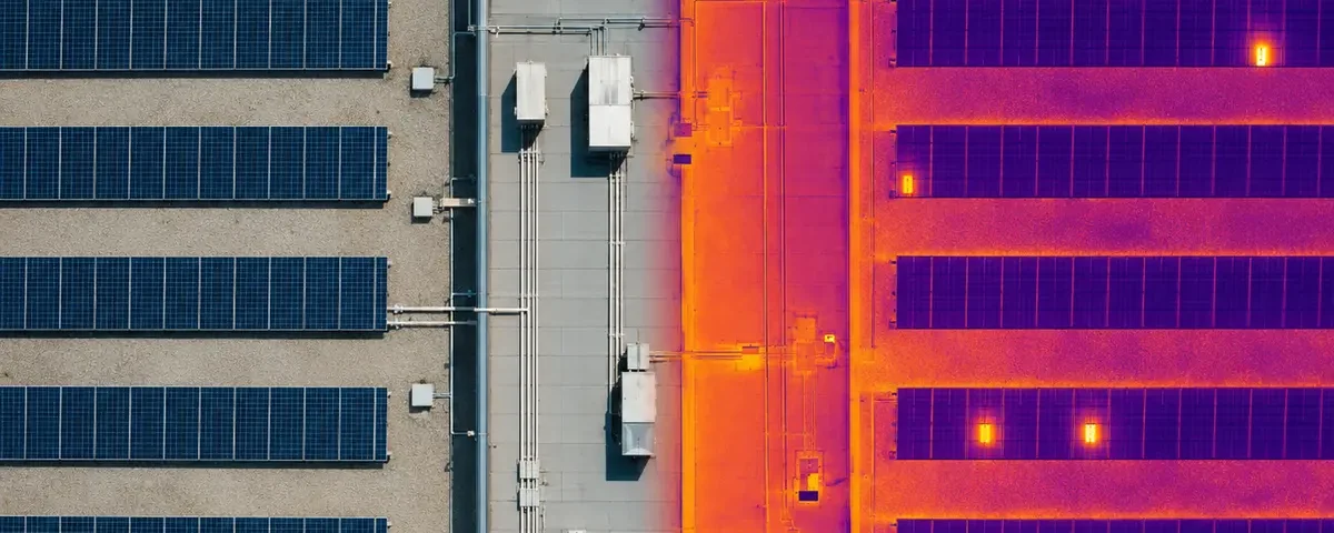Comparación entre ortomosaico RGB y mapa térmico 2D de una planta fotovoltaica