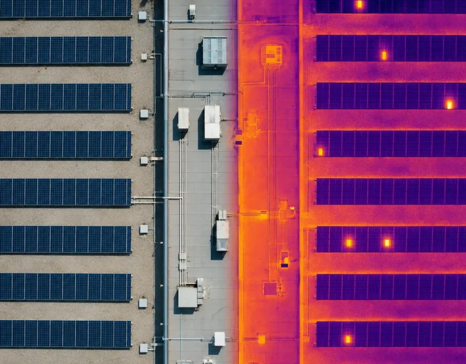 Comparación entre ortomosaico RGB y mapa térmico 2D de una planta fotovoltaica