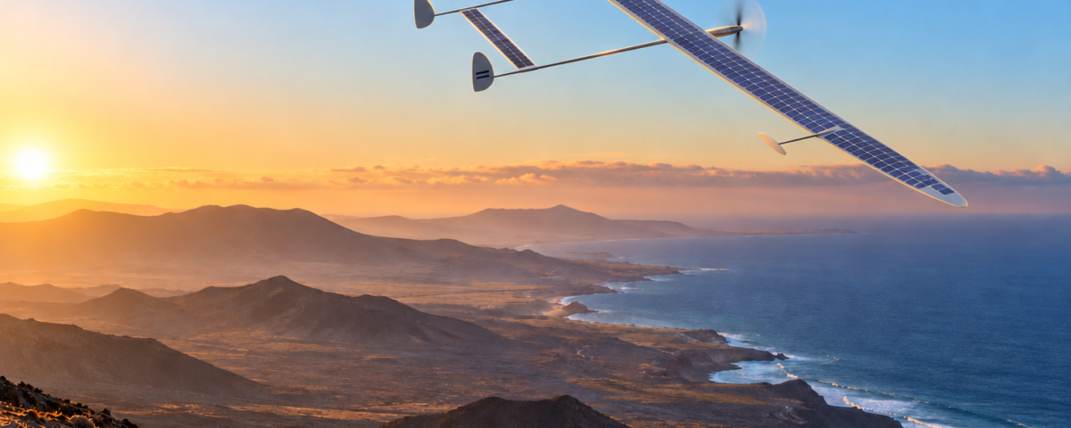 Fotomontaje de una aeronave solar HAPS con dos hélices girando sobre la costa de Canarias.