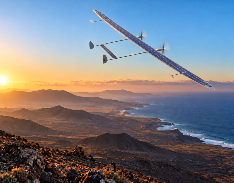Fotomontaje de una aeronave solar HAPS con dos hélices girando sobre la costa de Canarias.