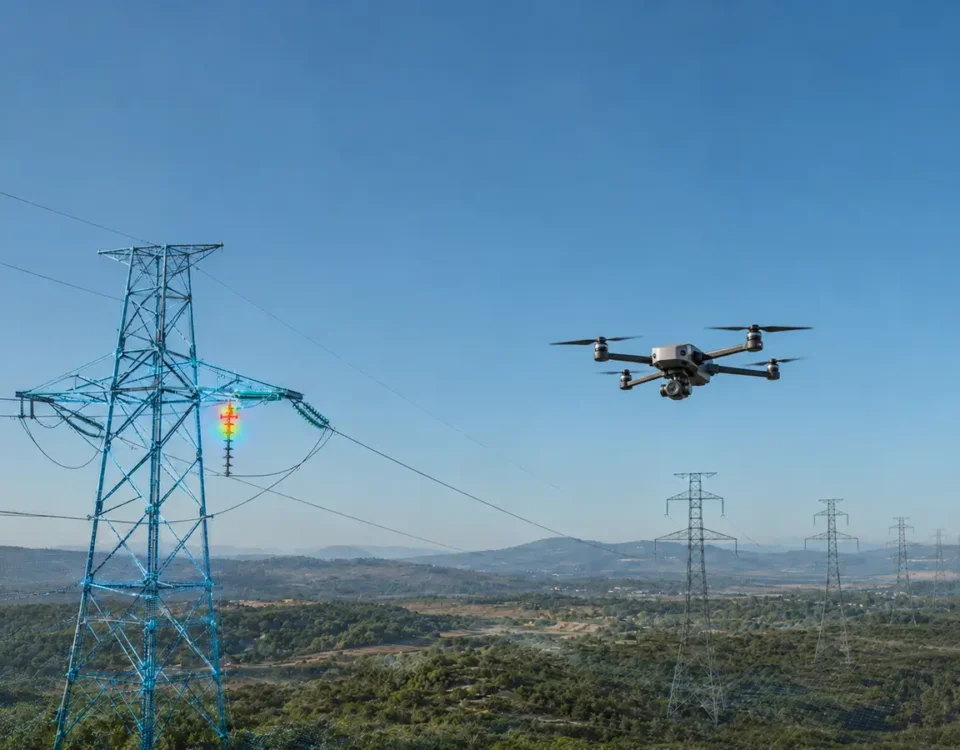 Dron BVLOS realizando una inspección térmica y LiDAR de una red eléctrica