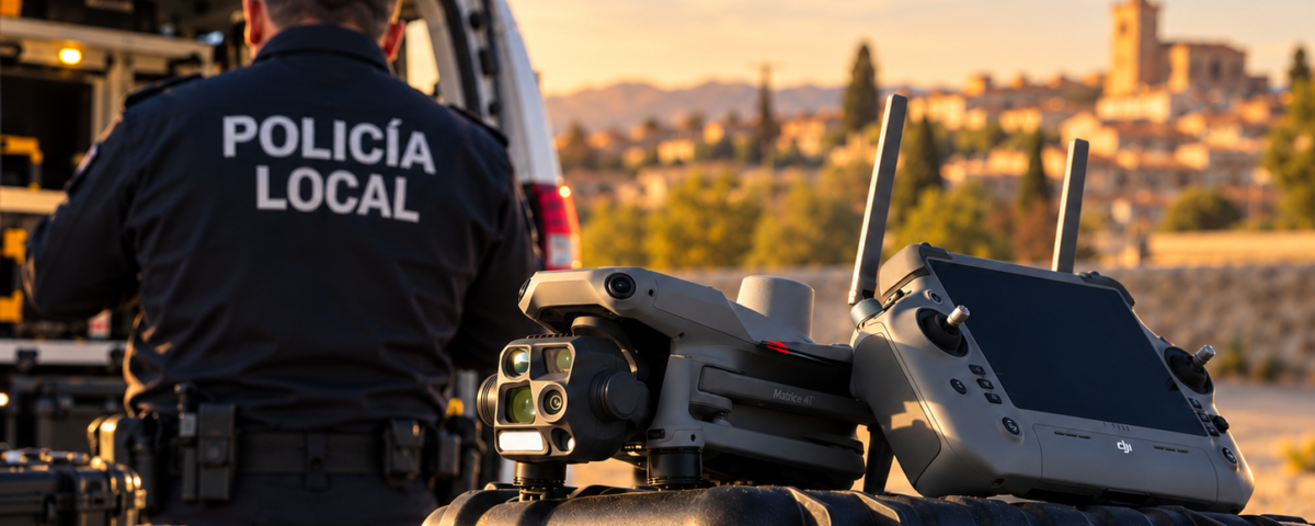 Fotomontaje ilustrativo: agente de Policía Local de espaldas, DJI Matrice 4T plegado y mando RC Plus 2 Enterprise en primer plano.