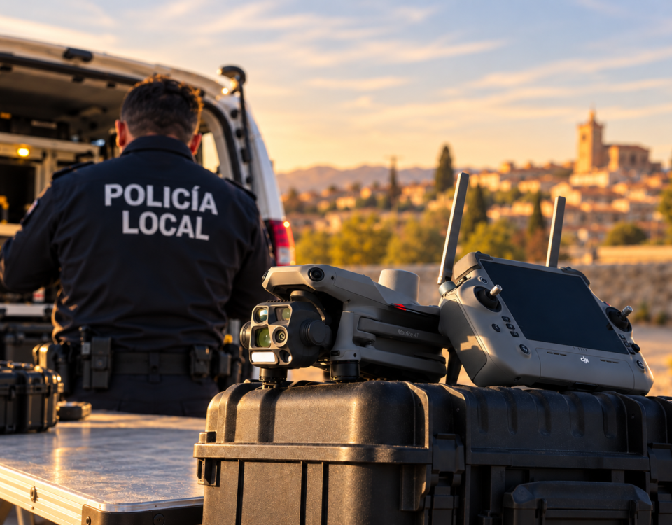Fotomontaje ilustrativo: agente de Policía Local de espaldas, DJI Matrice 4T plegado y mando RC Plus 2 Enterprise en primer plano.