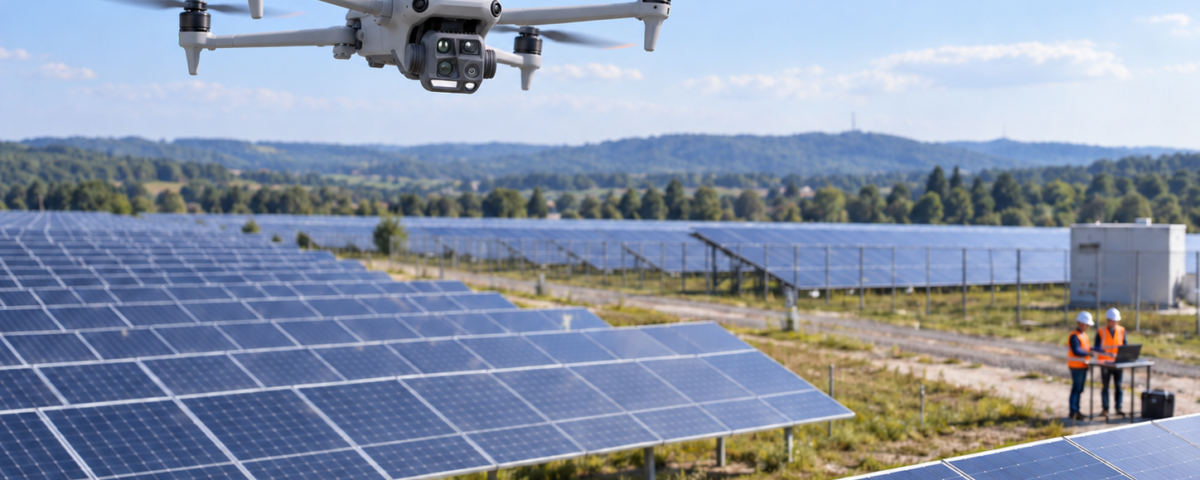 DJI Matrice 4T durante una inspección termográfica de una planta fotovoltaica