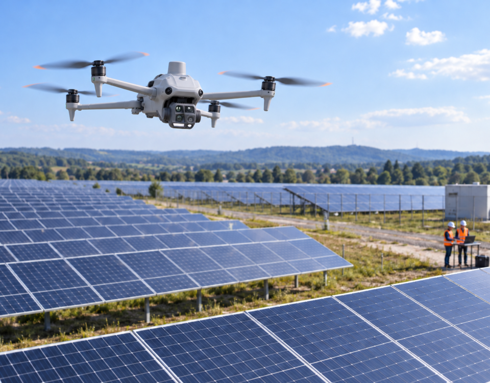DJI Matrice 4T durante una inspección termográfica de una planta fotovoltaica