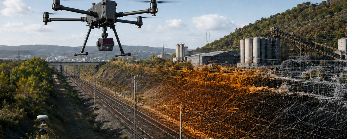 DJI Matrice 400 RTK con Zenmuse L3 sobre un corredor ferroviario y su modelo geoespacial