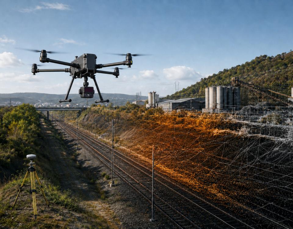 DJI Matrice 400 RTK con Zenmuse L3 sobre un corredor ferroviario y su modelo geoespacial