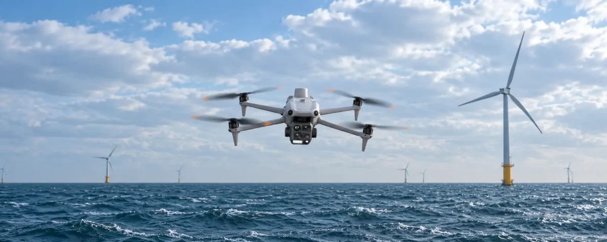 Dron multirrotor en vuelo sobre el mar con aerogeneradores offshore al fondo.