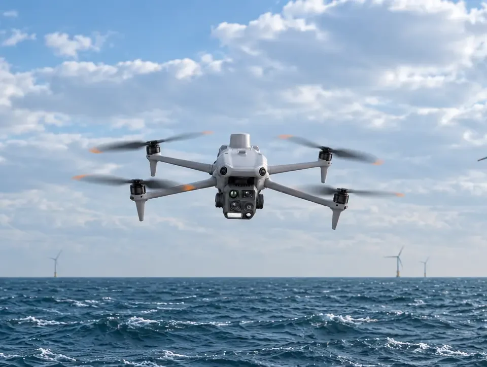Dron multirrotor en vuelo sobre el mar con aerogeneradores offshore al fondo.