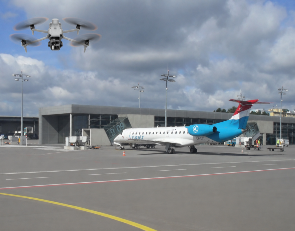 Dron DJI Matrice 4E en vuelo frente a la terminal del aeropuerto de Luxemburgo-Findel