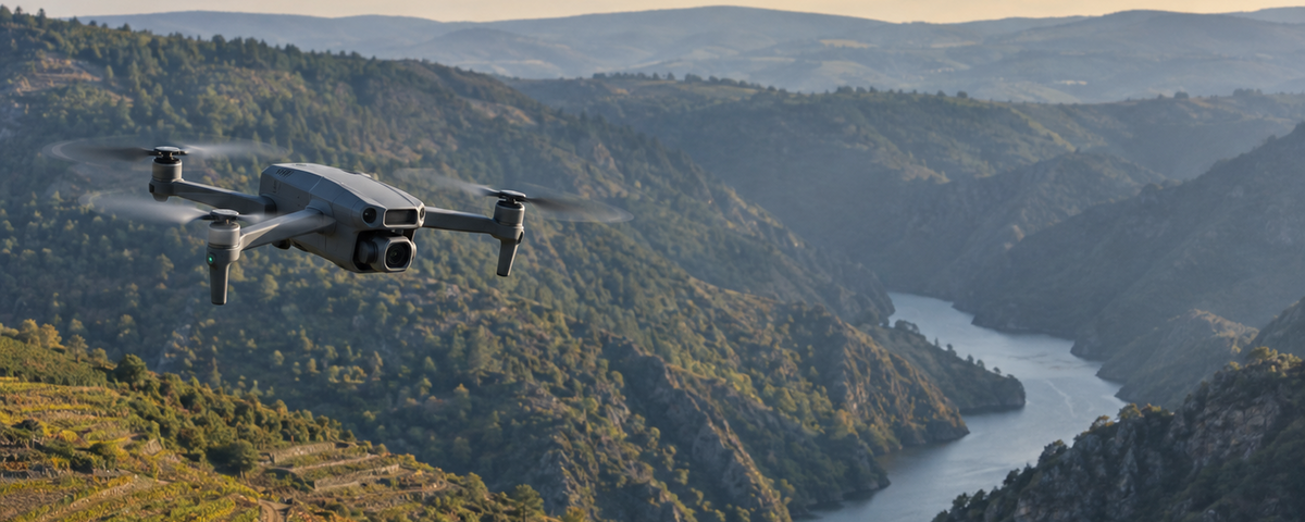 Dron profesional y avioneta compartiendo espacio aéreo en una escena de visibilidad electrónica