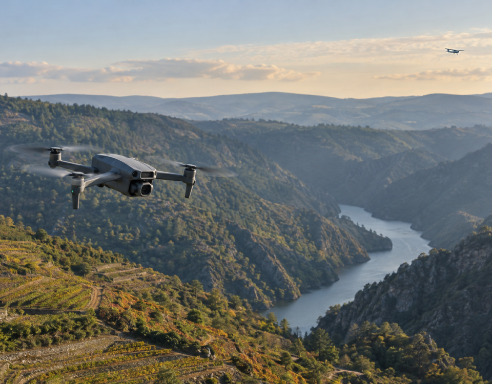 Dron profesional y avioneta compartiendo espacio aéreo en una escena de visibilidad electrónica