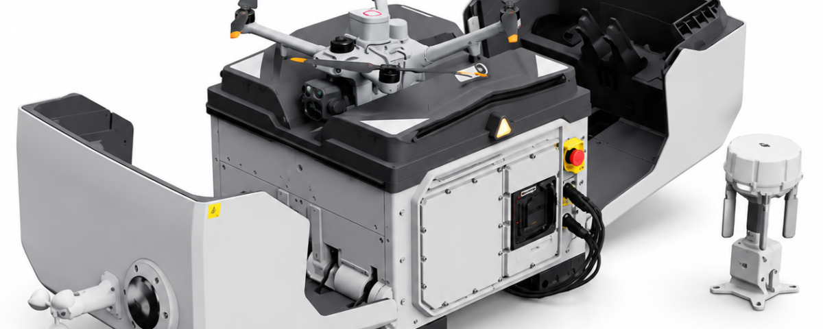 Conjunto DJI Dock 4 abierto con Matrice 5TD y O4 Ground Station sobre fondo blanco