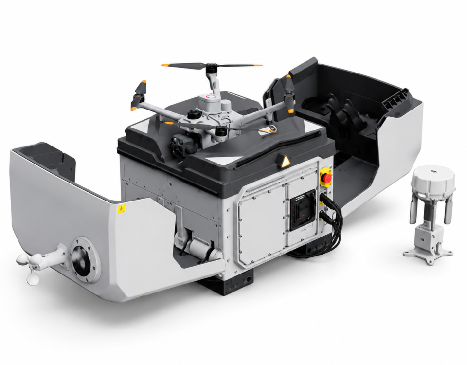 Conjunto DJI Dock 4 abierto con Matrice 5TD y O4 Ground Station sobre fondo blanco