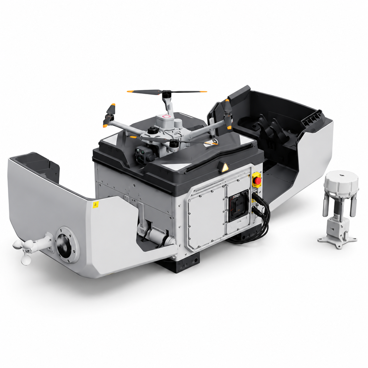 Conjunto DJI Dock 4 abierto con Matrice 5TD y O4 Ground Station sobre fondo blanco