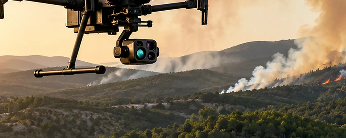 Dron profesional con cámara térmica sobre una zona forestal durante una operación de vigilancia de incendios.