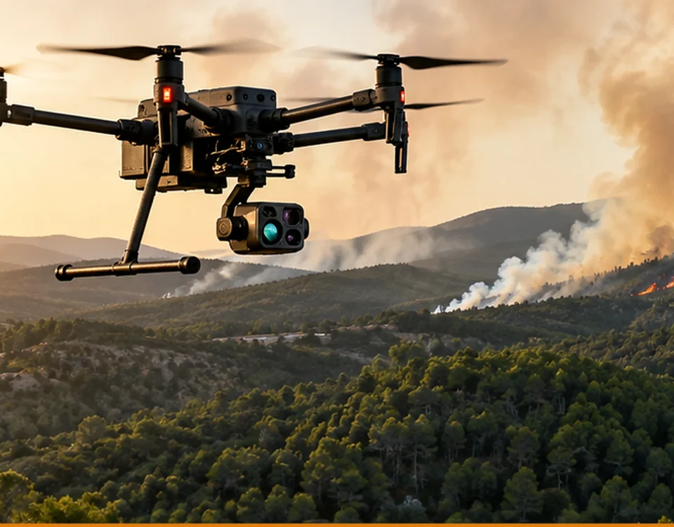 Dron profesional con cámara térmica sobre una zona forestal durante una operación de vigilancia de incendios.