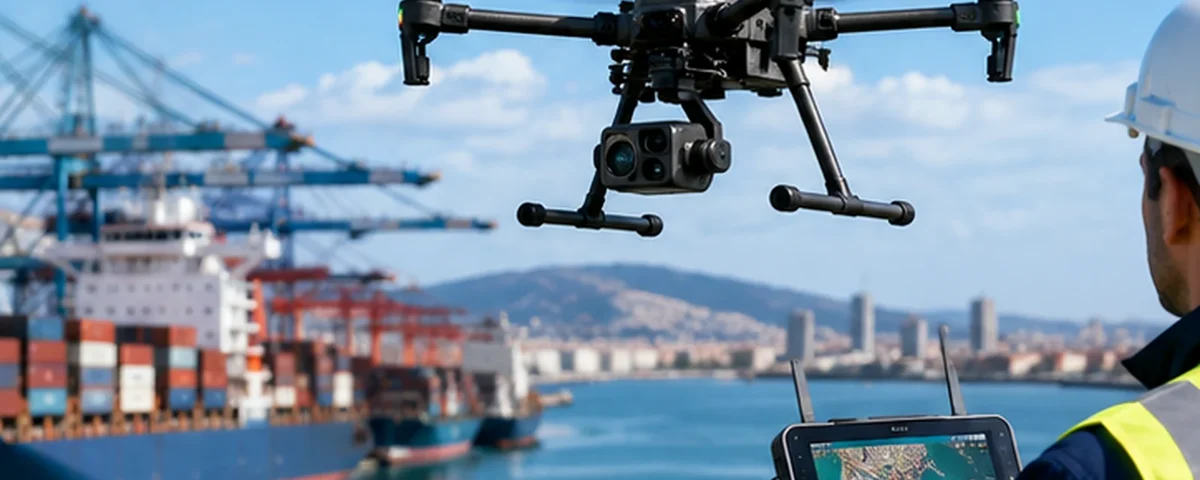 Dron profesional realizando una inspección aérea sobre una terminal portuaria con muelles, grúas y buques.