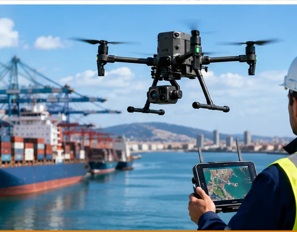 Dron profesional realizando una inspección aérea sobre una terminal portuaria con muelles, grúas y buques.