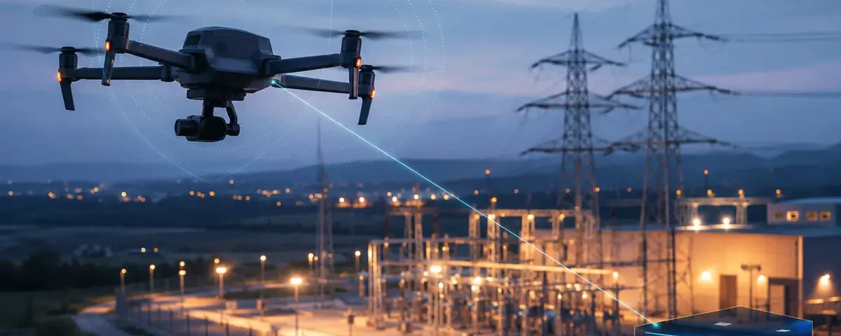 Dron profesional identificado mediante Remote ID cerca de una infraestructura eléctrica