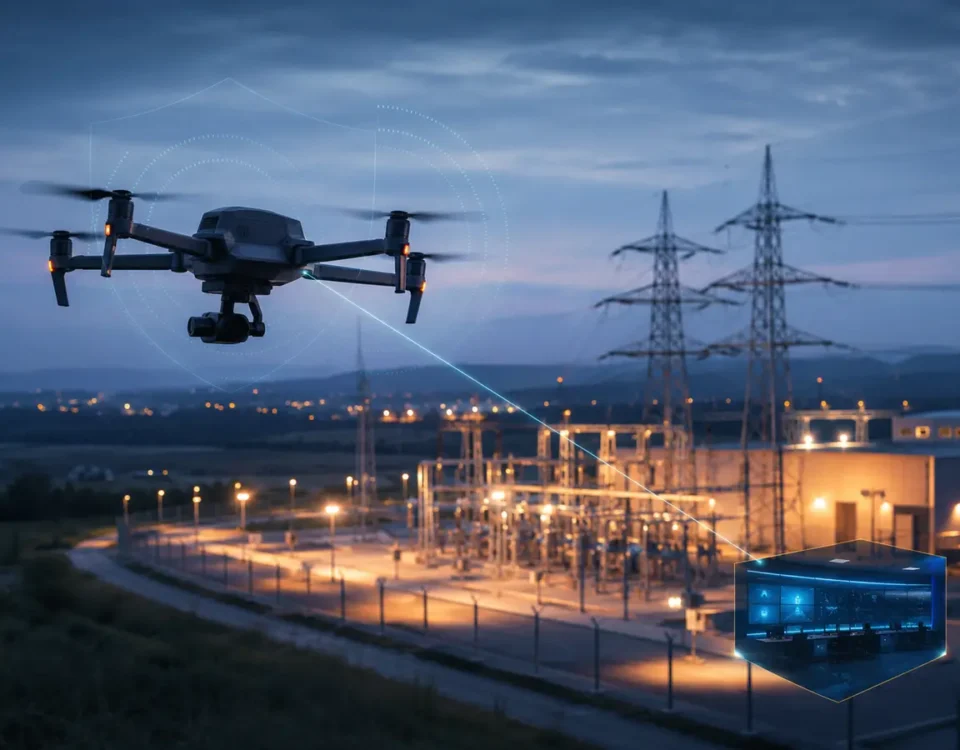 Dron profesional identificado mediante Remote ID cerca de una infraestructura eléctrica