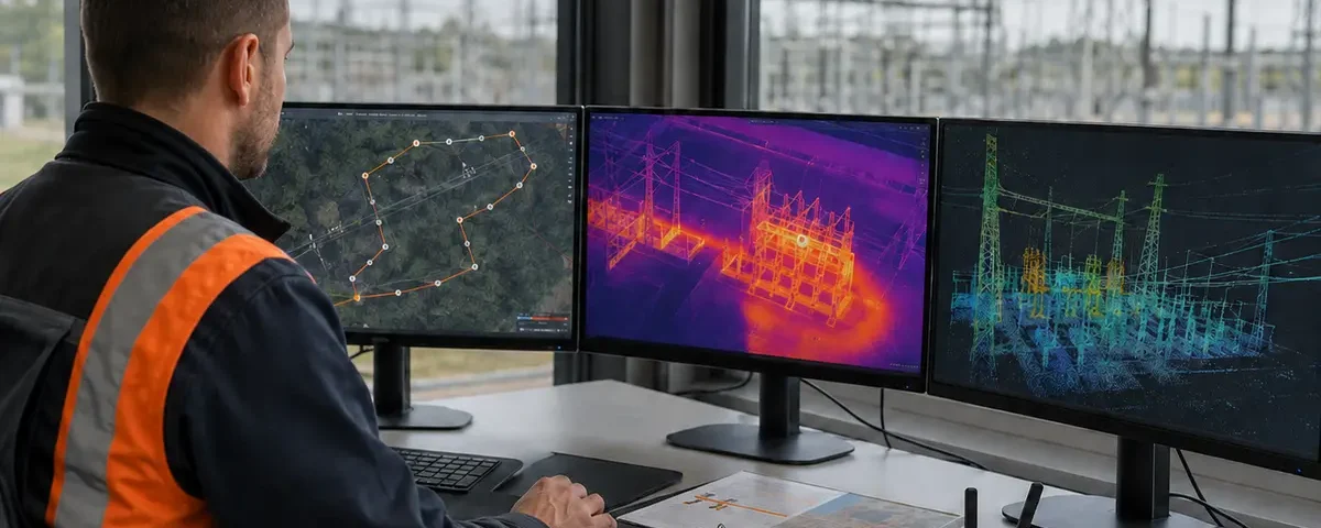 Operador UAS analizando una misión, una inspección térmica y una nube de puntos LiDAR