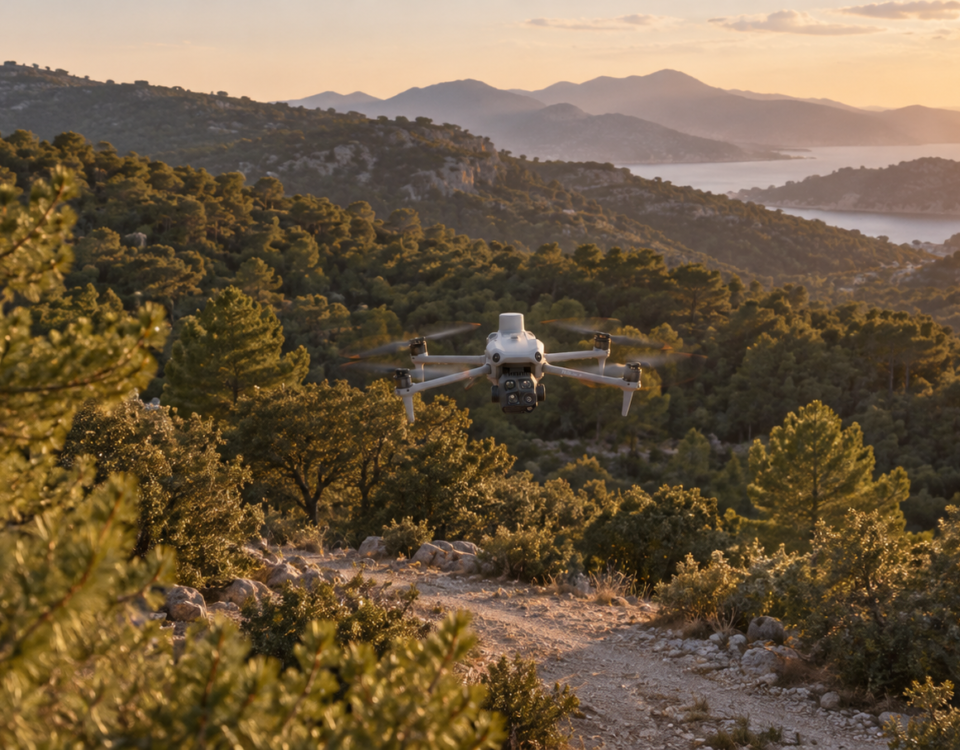 Escena ilustrativa de un DJI Matrice 4T en vuelo de reconocimiento sobre un entorno forestal al atardecer