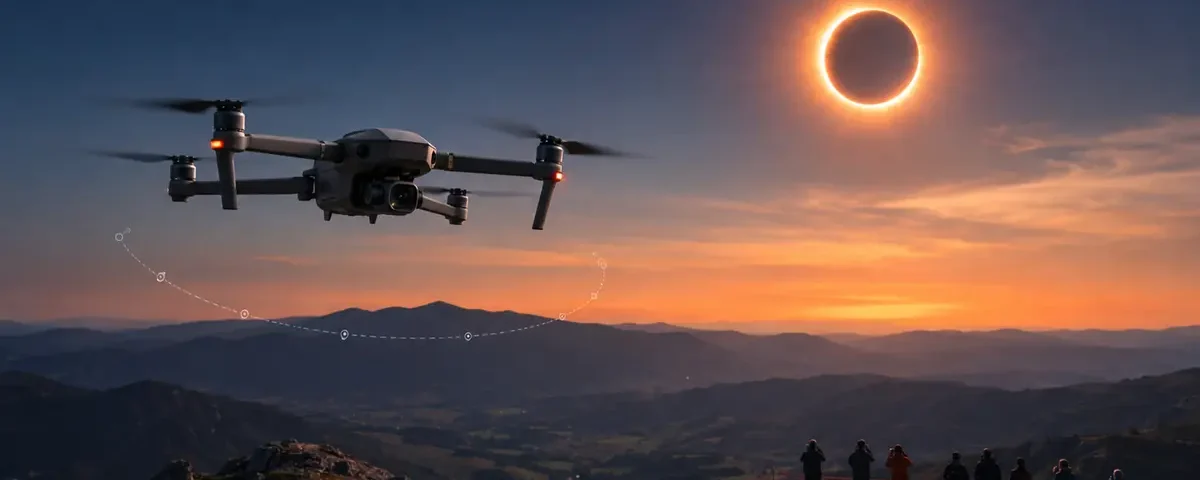 Dron volando de forma segura durante el eclipse total de Sol de agosto de 2026