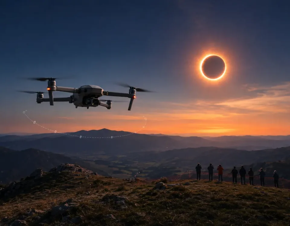 Dron volando de forma segura durante el eclipse total de Sol de agosto de 2026